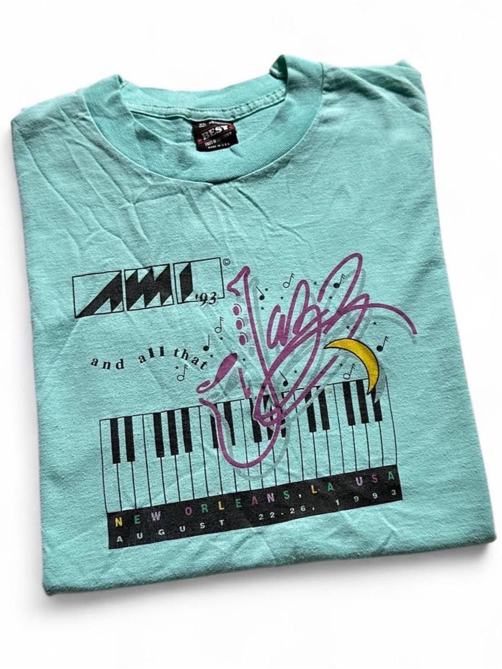 Vintage 1990s Aqua Graphic New Orleans Jazz Piano Tee - AMI XL